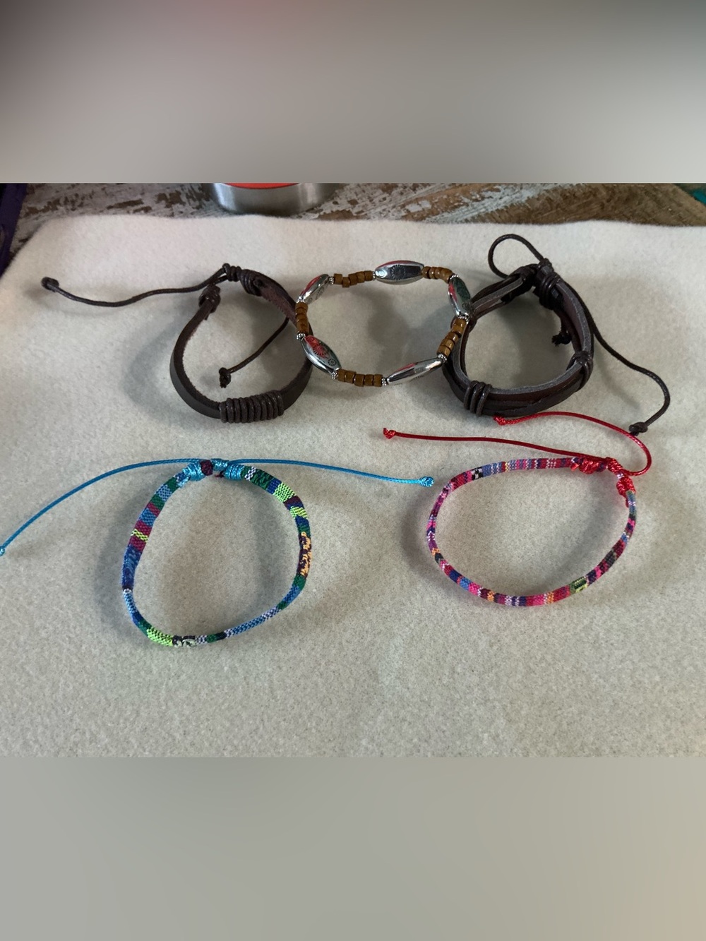 Set of 5 Boho Adjustable Bracelets - Brown Leather & Colorful Woven